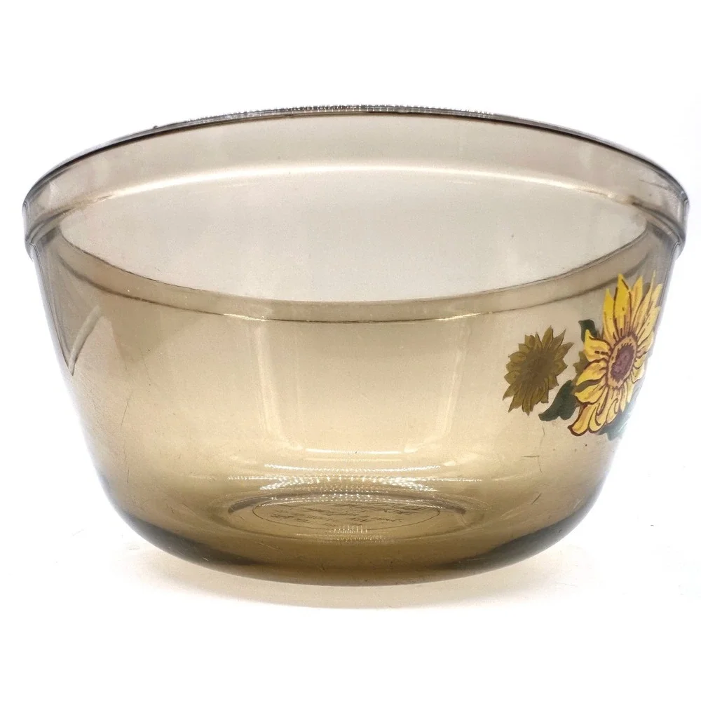Anchor Hocking Mixing Bowl 1.5 Qt Amber Glass Sunflower Floral Ovenware USA